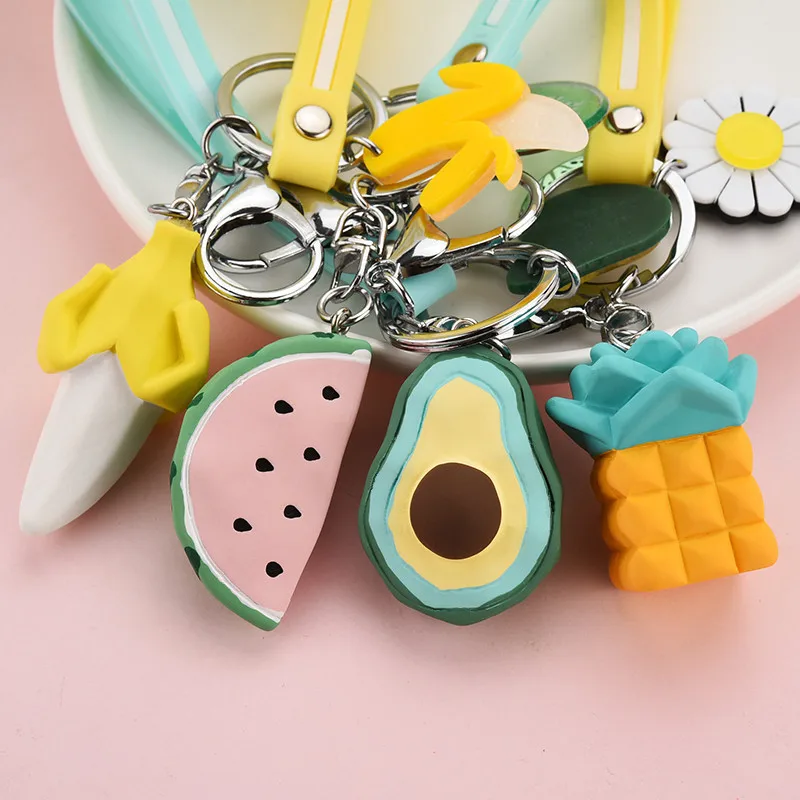 

New Fruit Avocado Keychain Banana Kiwi Watermelon Pineapple Plastic Fruit Key Chain Keyring for Bag Car Pendent Women Xmas Gift