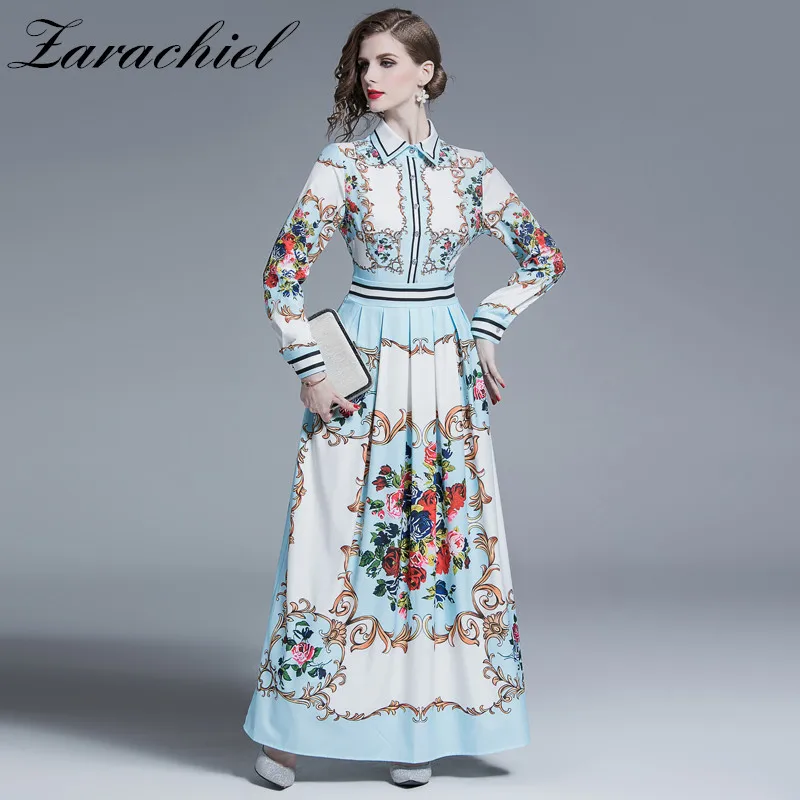 

Runway Designer Vintage Flower Print Casual Blue Long Dress Women 2019 Autumn Long Sleeve Party Maxi Dress Vacation Ladies Dress