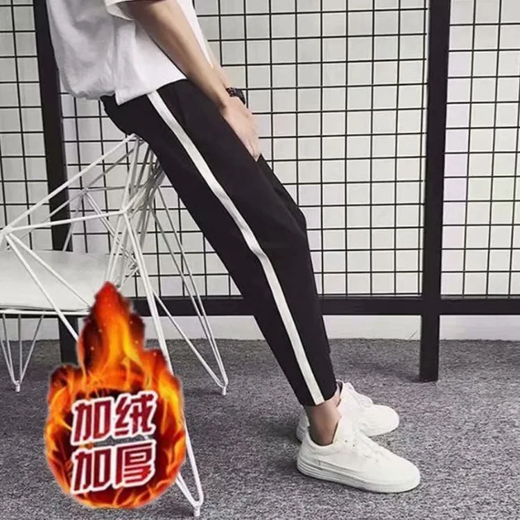

2018 Autumn & Winter New Style Casual Pants Men's Trend Athletic Pants Teenager Side Stripes Beam Leg Harem Pants with Velvet Su