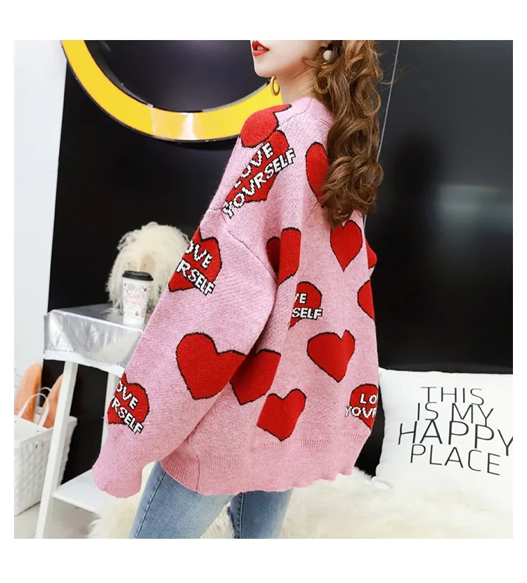 Letter Heart Oversized Sweater Women Knitted Winter Jumper Korean Harajuku Elegant Pullovers Casual Clothes Warm Loose V901