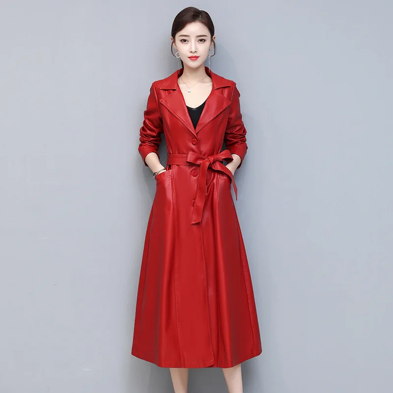 

New Spring Women Long Leather Jacket Slim Belt Motorcycle PU Leather Long Jacket Coat Leather Trench