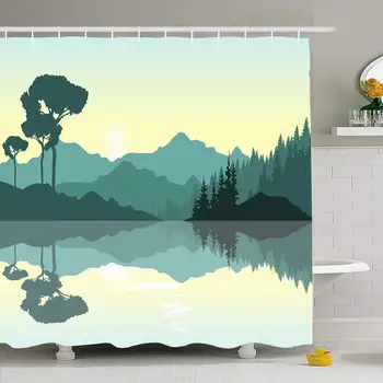 

Shower Curtain Set with Hooks 72x72 Beautiful Sunrise Mountains Green Landscape Environment Reflected Nature Conceptual Parks