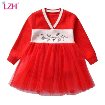 

LZH Dresses 2020 Autumn Winter National Style Dress For Girl Crystal Velvet Embroidered Flower Mesh Long Sleeve Baby Clothes