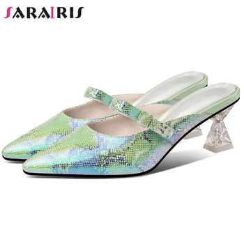

SARAIRIS Pointed Toe Slip On Clear Heel Colorful Snake Print Pumps Women Spring Summer Fashion Mules Ladies Shoes