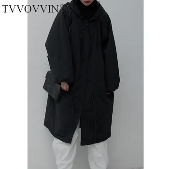 

TVVOVVIN Woman Cotton Loose Coat Dark Style Solid Black Long Fund Loose Will Keep Warm Cotton-padded Clothes ZX485