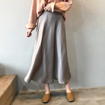 

2020 Summer Solid Color Office Ladies Satin Skirts Korean Japanese Female High Waist Mid-Calf Dangle Retro Skirt Elegant