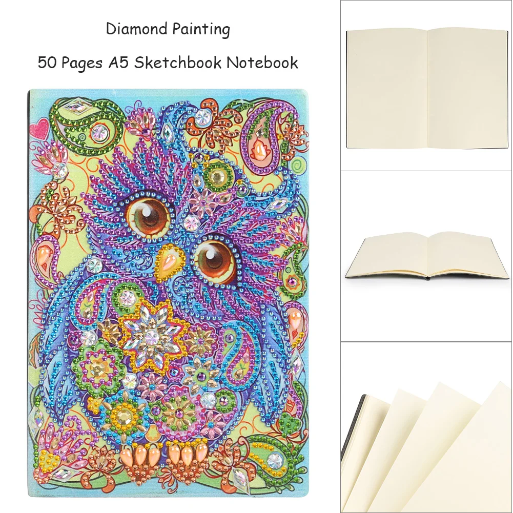 DIY Special Shaped Diamond Painting Owl Bird 50 Pages Office Notebook Cross Stitch Embroidery Sketchbook Drawing Book