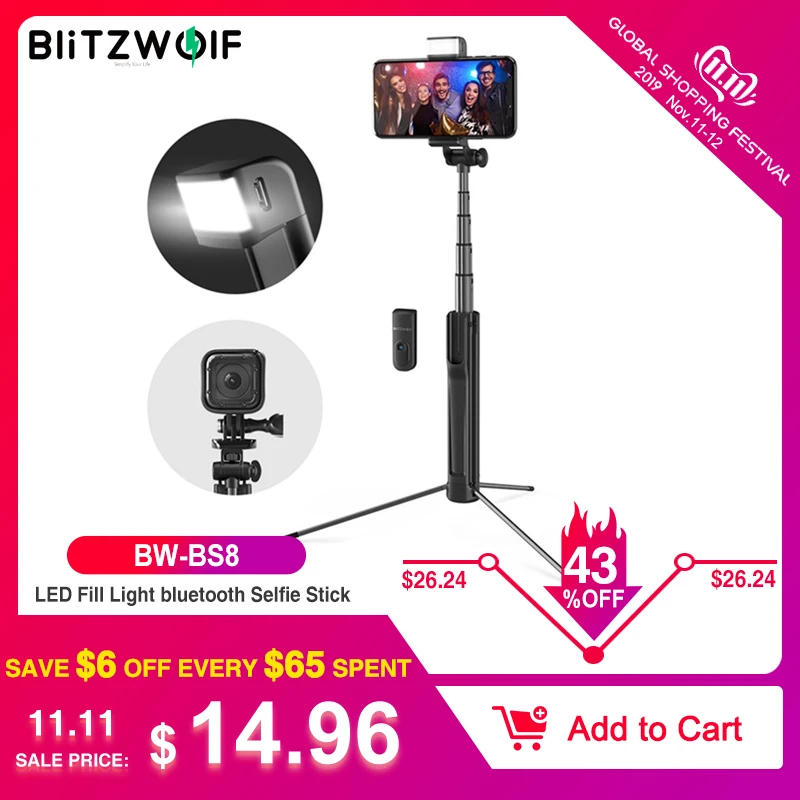 Günstig Blitzwolf 3 in 1 LED Füllen Licht bluetooth Wireless Selfie Stick Stativ Erweiterbar Einbein Für iPhone Für Huawei 1 4 Schraube kamera