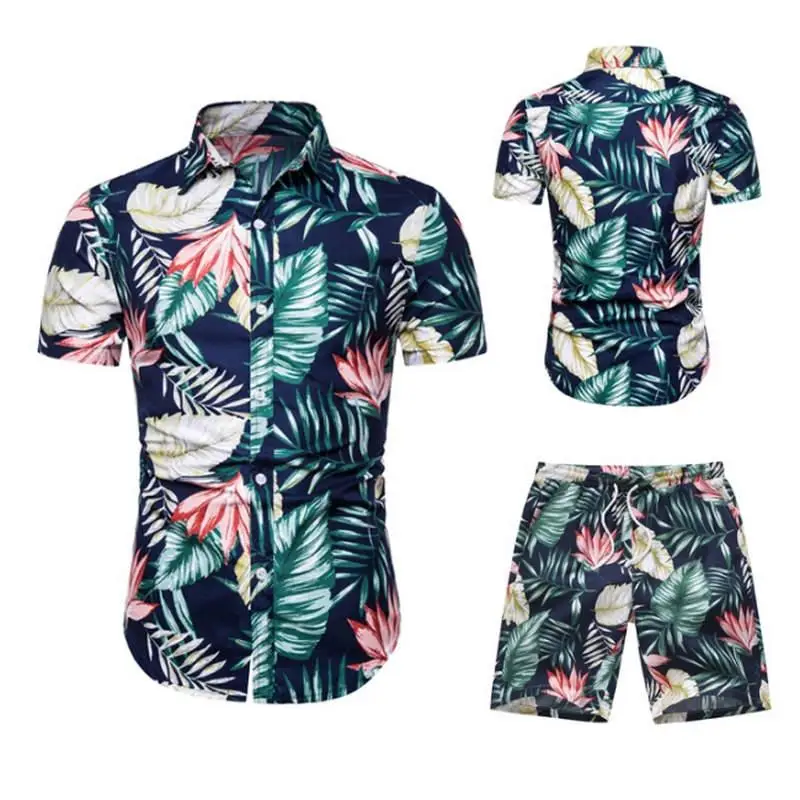 Shirts Men Tracksuit Clothing-Sets Shorts-Set Floral-Print Fashion Summer Casual Plus-Size