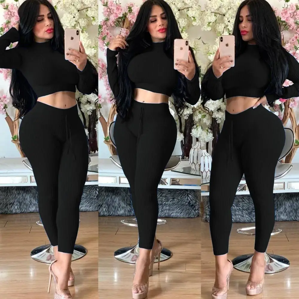 Solid Color 2 Piece Set Office Lady Turtleneck Full Sleeve Pullover Short Top+Drawstring Skinny Ankle-Length Pants LCLDS3171