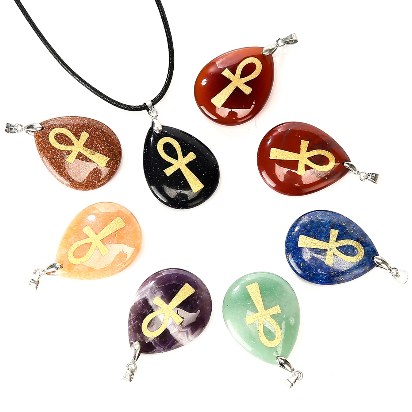 

Symbol of Life Ankh Cross Pattern Natural Crystal Reiki Water Drop Shape Pendant Religious Rune necklace