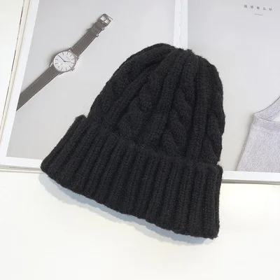 black Женские шерстяные хип-хоп Skullies зимние теплые трикотажные шапки для дам, дикие одноцветные утолщенные шапочки, новые модные шапочки для девочек - Цвет: black