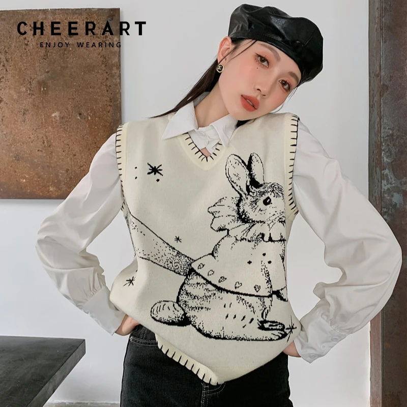 CHEERART белый кавайный свитер жилет для женщин модный без рукавов с V-образным
