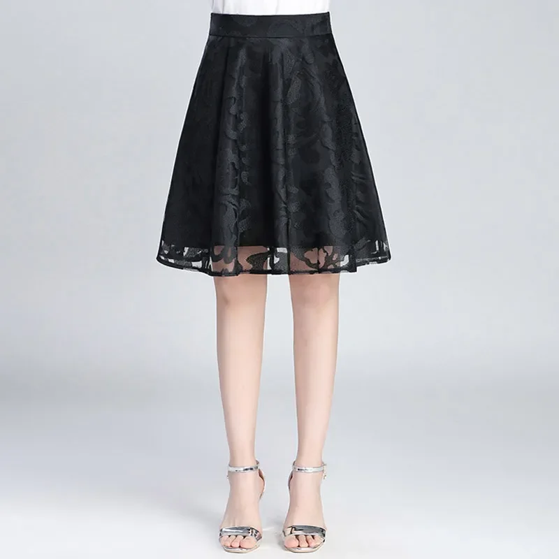 Summer Short Skirts Women Short A-Line Skirts Mid-Length High Waist Spring Shin Lace Skirt Mesh Mid-Length Pleated Skirts Black