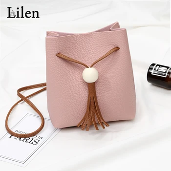 

LILEN Mini Fashion Bucket Bag Simple Wooden Beads Tassel Hanging Casual Shoulder Messenger Women Bag