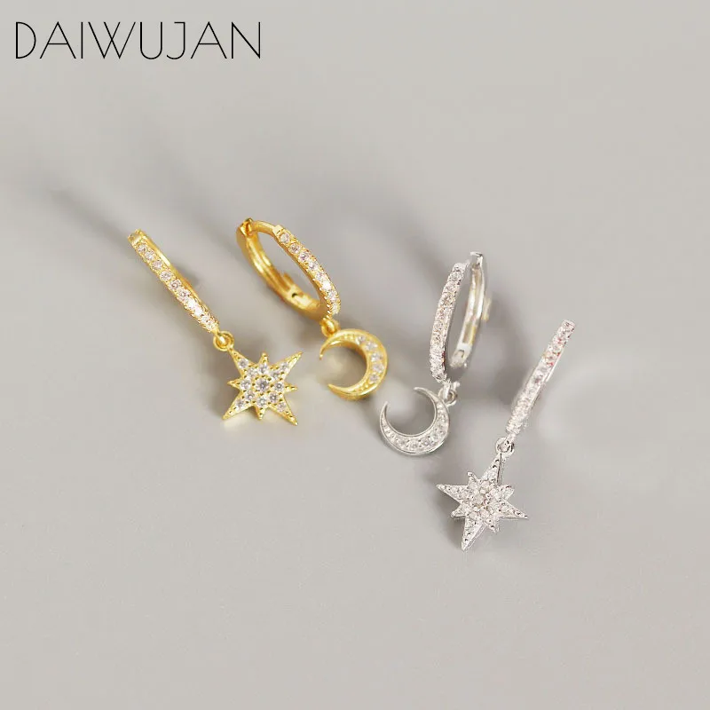 

DAIWUJAN New 925 Sterling Silver INS Moon Star Asymmetrical Punk Zircon Hoop Earrings Women Earring Female Party Jewelry Girl