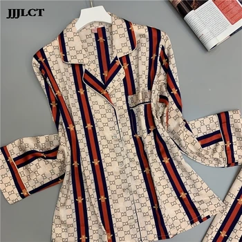 

Femme Camisola Pijama Seda Mujer 2-piece Suit Ladies Silk Satin Pajamas Spring And Summer Printed Long Sleeve Pants Suit
