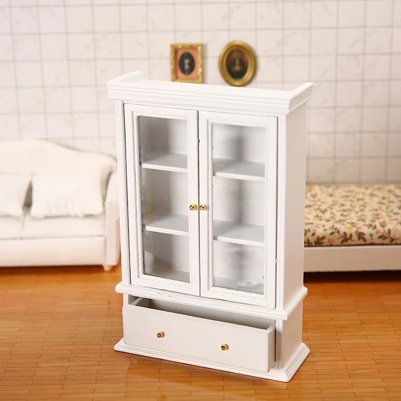 1/12 Scale Dollhouse Furniture - Miniature Display Shelf Bookshelf With Glass Doors, White