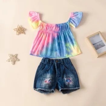 

Baby Girl Clothes детская одежда New Fashion Summer Two-piece set Cute Ruffles Rainbow Tie-dyed Tops+Denim Shorts Outfits Set