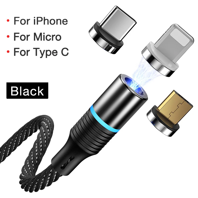 Cafele новейший светодиодный QC3.0 Магнитный USB кабель для IPhone Micro USB кабель type C плетеный кабель зарядное устройство для samsung Xiaomi - Цвет: Black 3 in 1