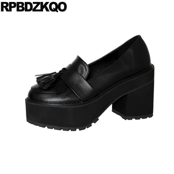 

casual modern round toe block ladies fashion black fringe tassel pumps autumn 2019 cheap platform shoes women high heels slip on