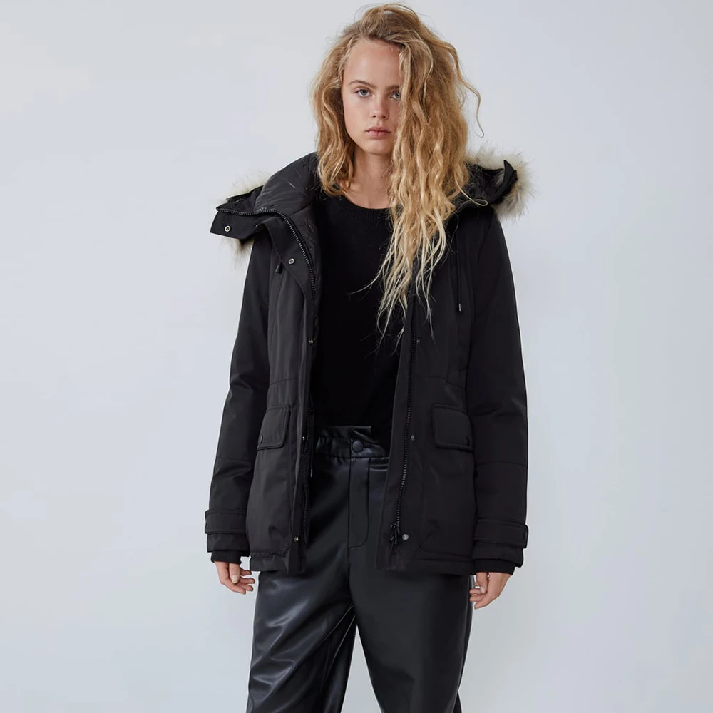  ZA Down Jacket Ladies Autumn Winter Thickening Casual Black Hooded Design Female Black Pike Cotton 