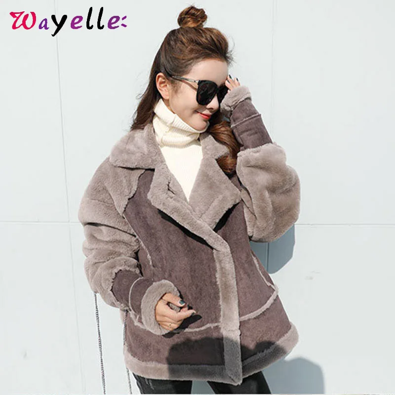 

Lamb Women Coats Winter Korean Patchwork Motorcycle Clothes Warm Thick Short Coats Women Vintage Chic Bomber Jacket for Women