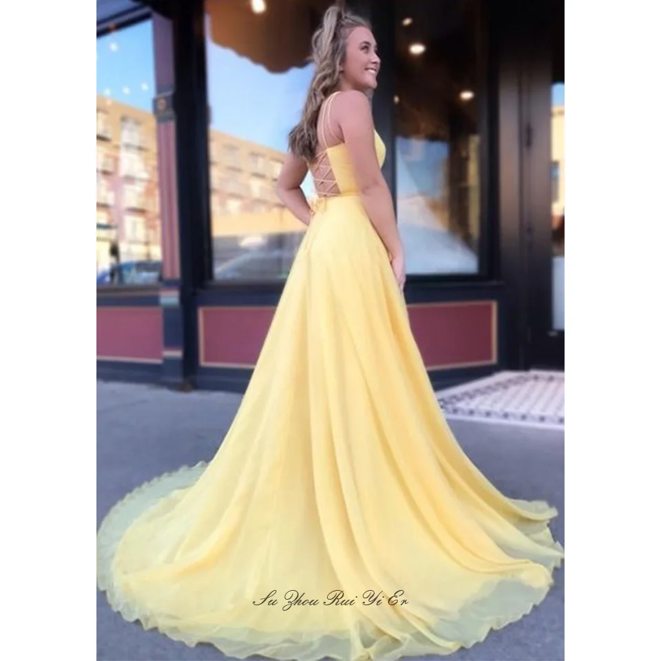 Spaghetti Straps Prom Dresses Lace Up Back Long Dress For Party Chiffon Floor Length A-line Formal Evening Gown For Women