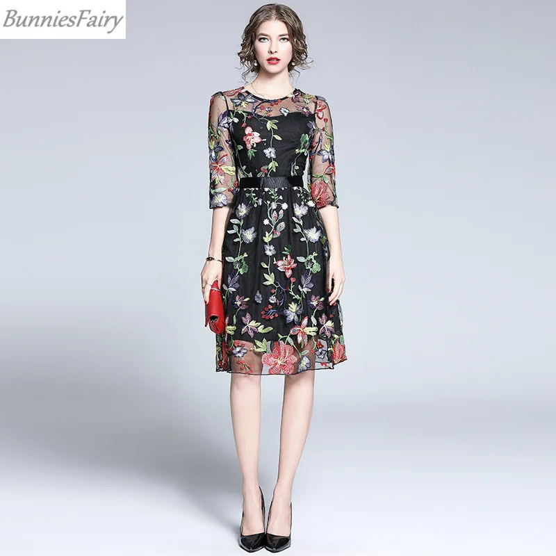 BunniesFairy/Новинка осени г.; изысканное черное Сетчатое платье в европейском и американском стиле с вышивкой