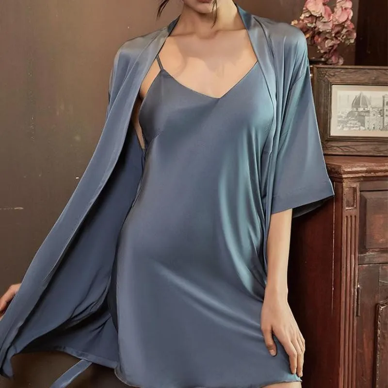 Women Sleepwear Satin Robe Set Nightdress Kimono Bathrobe Gown