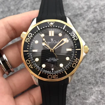 

Classic New Men Automatic Mechanical Yellow Gold Black Blue James Bond 007 Rubber Ceramic Bezel Crystal Sapphire Watch AAA+
