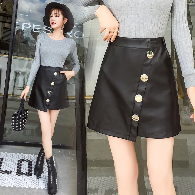 

2018 Autumn And Winter New Style Korean-style High-waisted Versatile A- line Skirt Slit Sheath Leather Skirt One-step Skirt