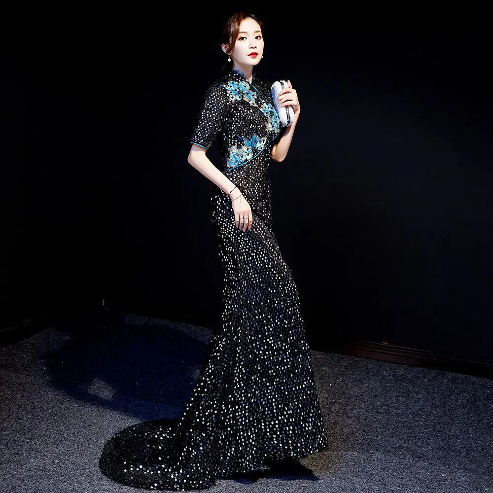 Черный Ципао блёстки добавить искусственный жемчуг Cheongsam трейлинг платье для женщин вышивка синий цветочный китайский платья вечернее платье - Цвет: Black