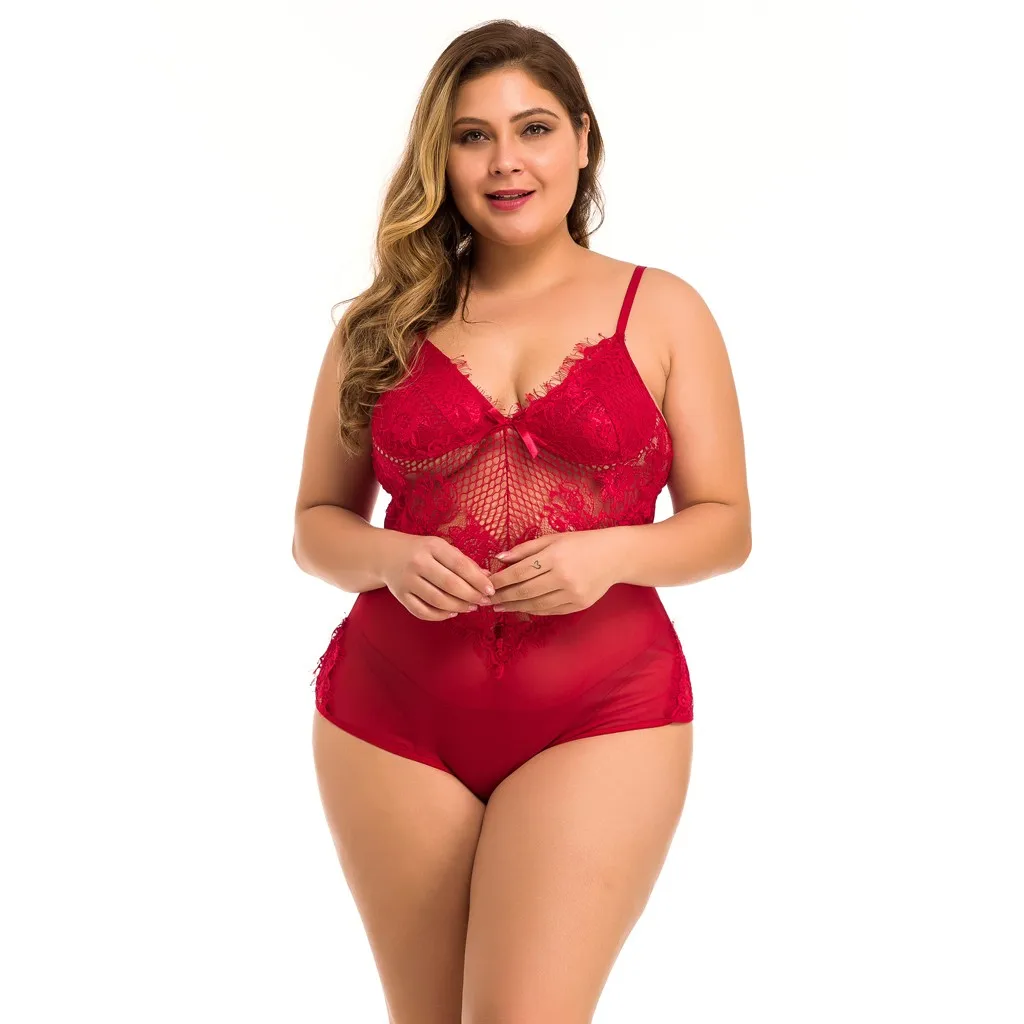 New Fashion One Piece Women Sexy Bodysuit Plus Size XXXXL Mesh Lace V-Neck Teddy Lingerie Jumpsuit Underwear Teddies Body Encaje