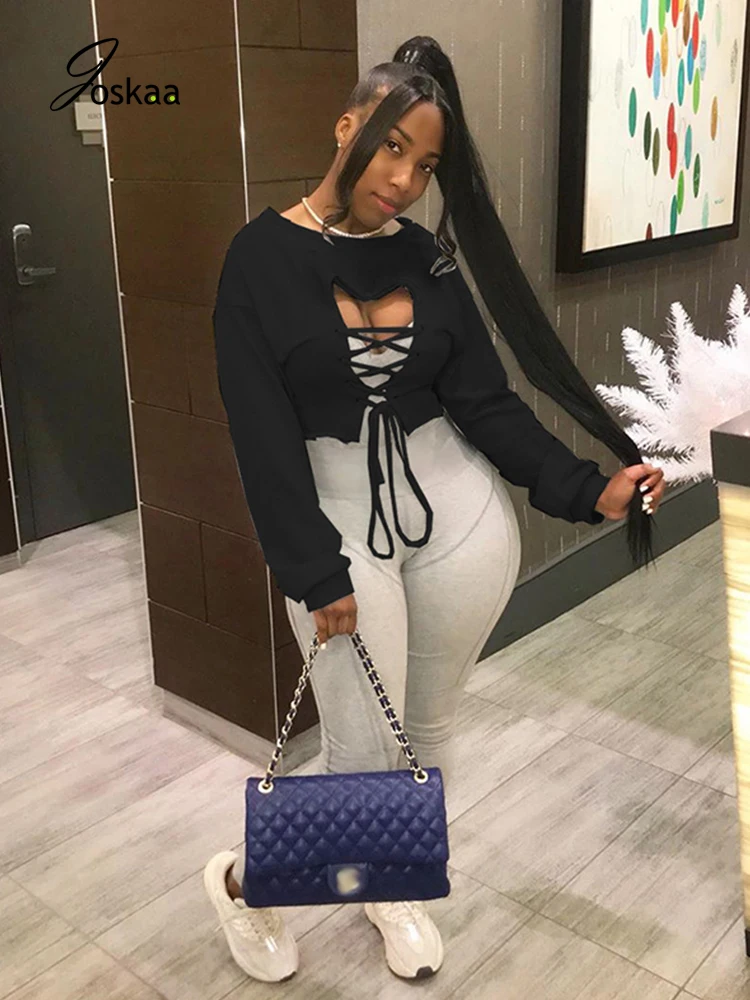 

Joskaa Women Streetwear Fall Winter Hollow Long Sleeve Sexy Bandage Crop Top Female Festival Warm Tops Pullovers Outfits