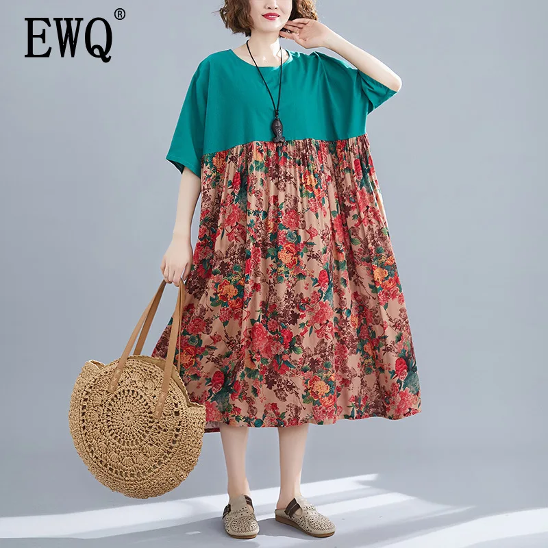 

[EWQ] 2020 Spring Summer New Pattern Round Collar Short Sleeve Hit Colors Pulloveres Casual Dress Women Large Size AK91306