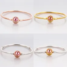 Ажурный браслет из розового золота с сияющими сердечками и застежкой-змейкой, браслет на цепочке, подходит для бусины из стерлингового серебра 925, ювелирные изделия Diy