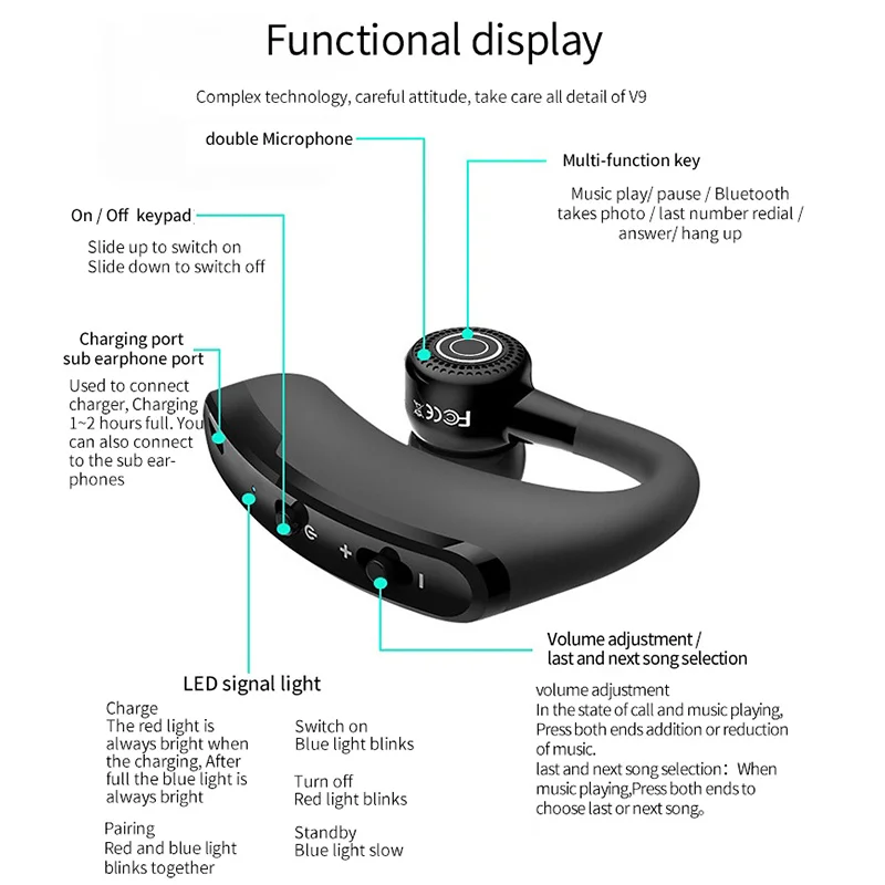 Headphone V9 Wireless Bluetooth Earphone Microphone Hands Free Sports Headset With High Definition Stereo Noise Control Function