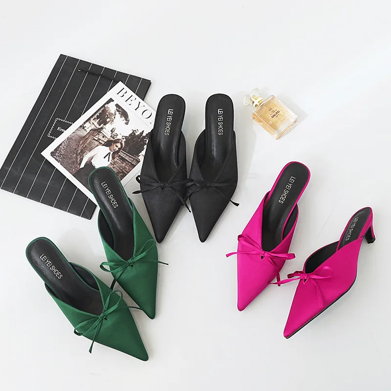 

2017 New Style Women's Cool Kitten Heels a Water Celebrity Style Satin Surface Pointed-Toe V Mouth Semi-Trailing Shoes Mules Sho