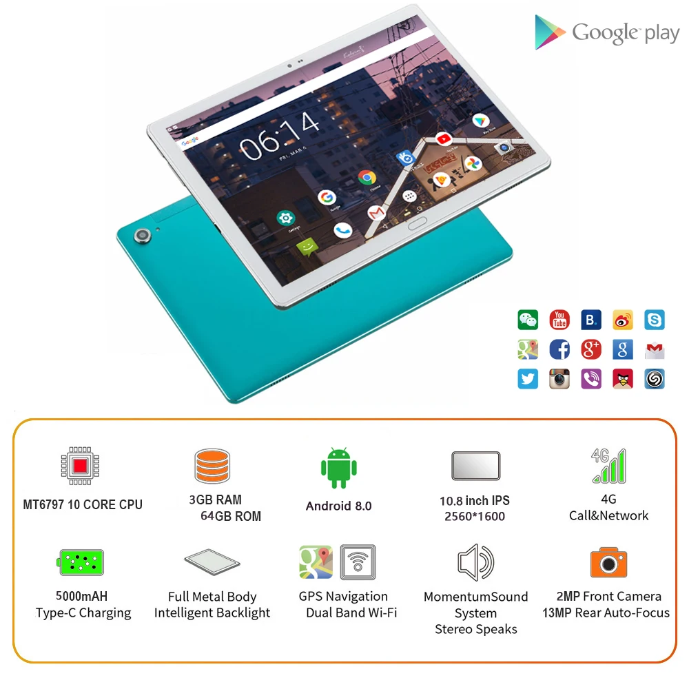 10 8 Inch Tablet Pc десять основных 2560*1600 IPS 3 Гб оперативной памяти Оперативная память 64
