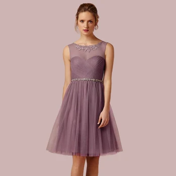 

Free Shipping Sheer Scoop Neckline A line Champagne Tulle Short Bridesmaid Dresses 2015 Beaded Applique Cheap Prom Party Dresses