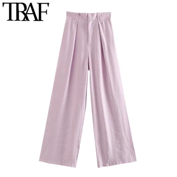 

TRAF Women Chic Fashion Pleated Wide Leg Pants Vintage High Waist Zipper Fly Pockets Female Trousers Pantalones Mujer