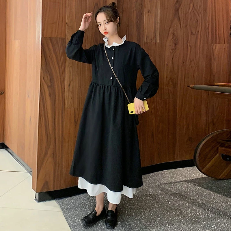 

Spring Woman Casual Black Dress Long Sleeve Calf Length White Ruffle Hem Patchwork One Piece Shirt Dresses Women Leisure Wear