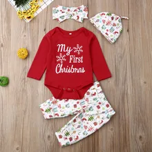 Kid Baby Girl Letter Long Sleeve Romper Pants Outfit Hairband Cap Christmas Xmas ensemble garcon winter my first christmas boy
