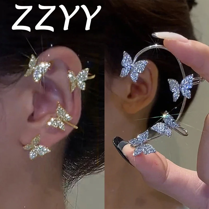 ZZYY Shining Zircon Butterfly Ear Cuff Earrings for Women Girls Fashion 1pc No Piercing Ear Clip Ear-hook Wedding Jewelry Luxury