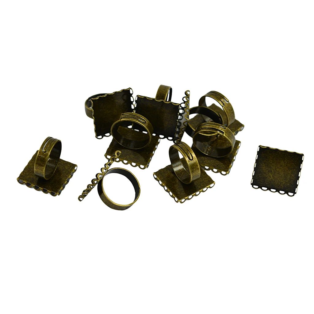 10 Pack Adjustable Ring Blanks, Cabochon Rings Settings, 20mm Square Rings Bezels fit 20mm Flatback Glass Gemstone Bead Cameo