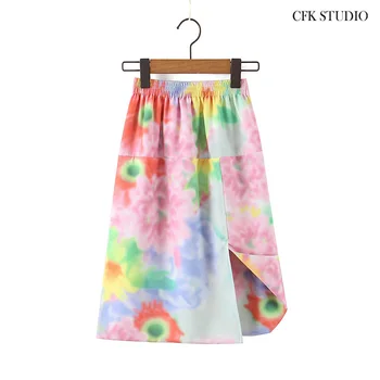 

Za 2020 New Women Holiday Midiskirt with High Waist A-line Colorful Floral Print Chiffon Silk Pink Midiskirt