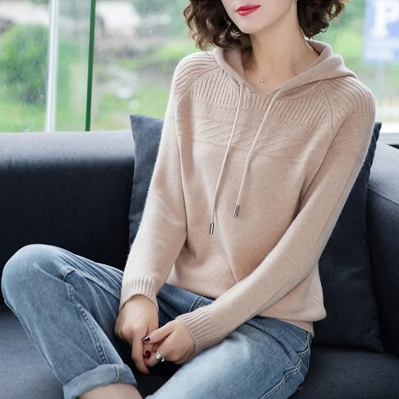 Cashmere Knitted Jumpers Woman Sweater Hooded Korean Style Hot Sale Fashion Pullover Female Woolen Knitwear Clothes Tops AA5079