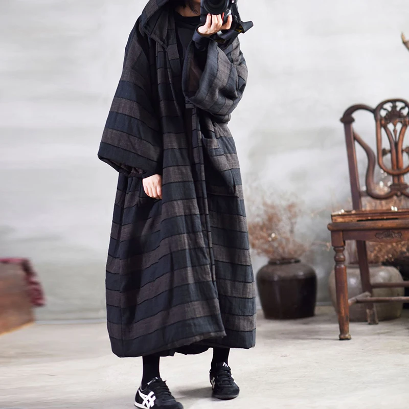

Women Vintage Cotton Parkas Coats 2020 Spring Striped New Loose Simple Casual Warm Cotton Long Hooded Coats