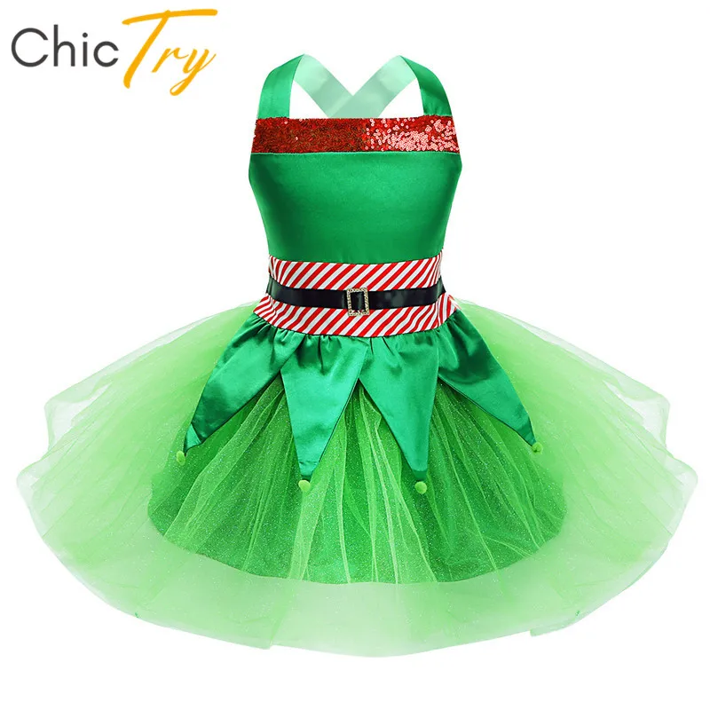 ChicTry/детские зеленые топы без рукавов с блестками и поясом в полоску с юбкой-пачкой в сеточку, комплект для девочек, Рождественский эльфийский костюм, наряд для ролевых игр